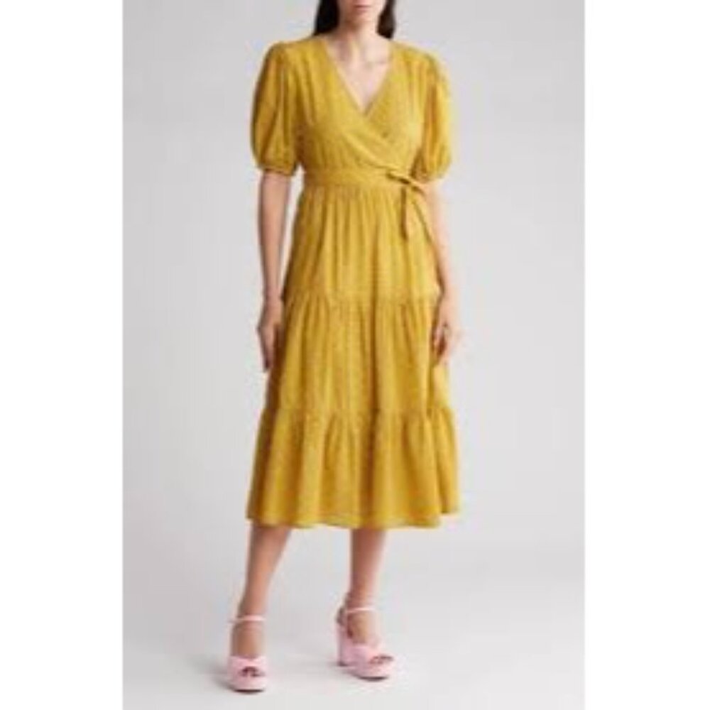 Frnch Paris Yellow Floral Wrap Midi Dress S V-Neck Puff Sleeves Cinch Waist Tie - Picture 2 of 10